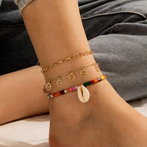 HI MAN 3 Pcs/Set European Mixed Shell Acrylic Handmade Beaded Anklet Women Fashion Temperament Banquet Gift Jewelry