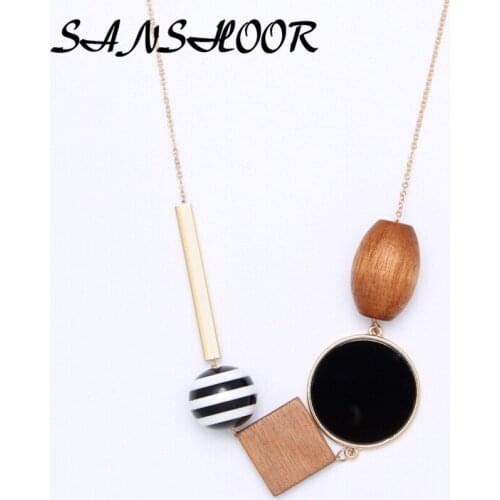 SANSHOOR Christmas Bead Wooden Long Chain Necklace Geometric Shape Gold Alloy Wooden Bead Necklace Leisure Style For Female