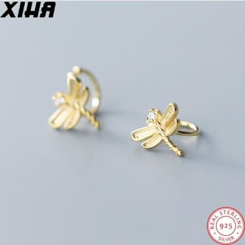 XIHA Gold Dragonfly Clip on Earings for Women without Piercing Korean Zirconia Ear Cuffs Ear Clips 925 Sterling Silver Earcuff