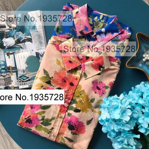 Ladies Long Sleeve Lapel Cotton & Silk Blend Floral Printing Blouse Shirt Top