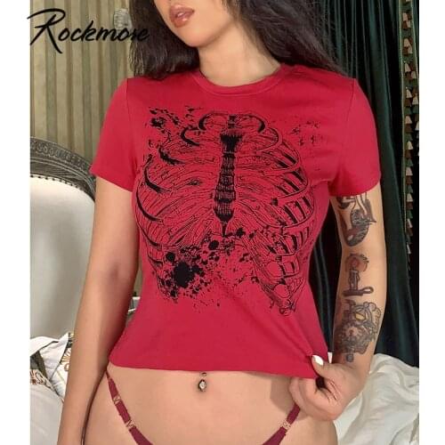 Rockmore Harajuku Graphic Print Cropped Top Summer Gothic Short Sleeve Basic T-Shirt Y2K Women Punk Vintage Baby Tee Streetwear