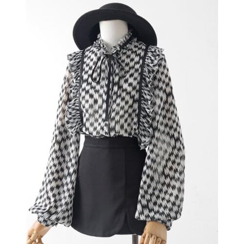 Printed Chiffon Women Blouse Summer New 2021 Ruffles Lantern Sleeved Bow Neck Loose Office Lady Elegant Outwear Tops