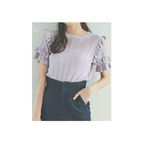 Ladies 2021 Spring/Autumn Ruffled Solid Color Short Sleeve Sweater Pullover Top