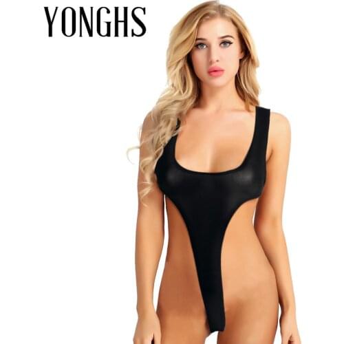 Womens Erotic Lingerie Bodysuit Silky See Through Sheer Sex Costume Deep Scoop Neck Sleeveless High Cut Thong Leotard Bodysuit