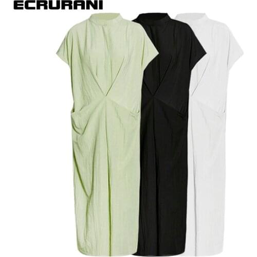 ECRURANI Patchwork Casual Dress For Female O Neck Short Sleeve Loose Ruched Elegant Mid Dresses Female 2021 Fashion New Clothing