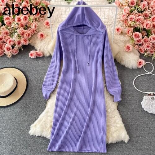 2021 New Spring Autumn Fashion hooded collar long sleeve knitted Dress high waist casual loose mid-length Sweater Dress