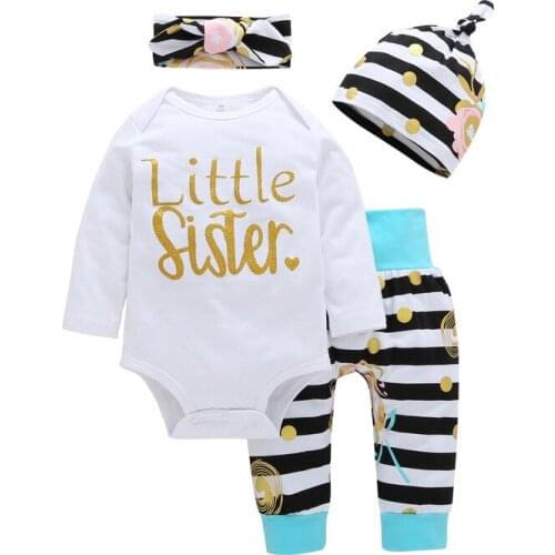 4Pcs Newborn Baby Girl Fashion Striped and Letter Clothes Headband Hat Romper Long Pants Outfits Bebe Girls Clothing Suits