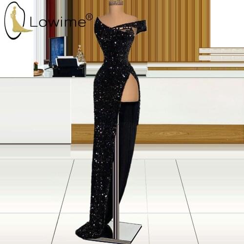 Black Sparkly Sequins Mermaid Evening Dresses One Shoulder Long Prom Dresses Sexy High Split Party Gowns