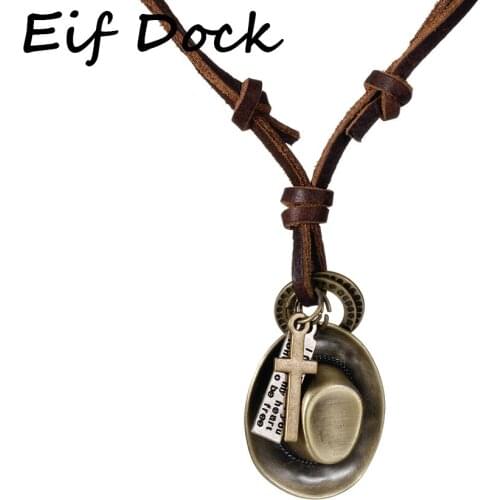 Eif Dock Bronze Alloy Hat Leather Necklace Sweater Chain Western Denim Vintage Leather Necklace Fashion Jewelry Accessories Gift