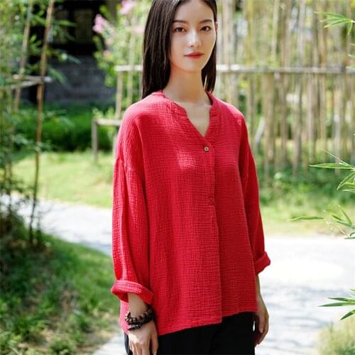 Elegant Vintage Women V-Neck Shirts Autumn Cotton Linen Shirts long Sleeve Solid Tops Casual Loose Plus Size Blouse M-7XL 8XL
