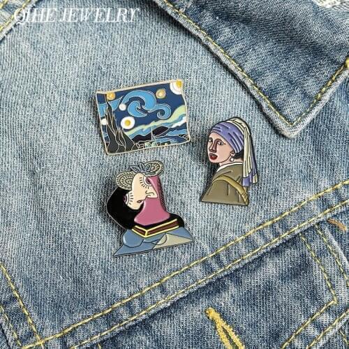 QIHE Jewelry Art Painting Enamel Pins The Starry Night Girl with Pearl Brooches Clothes Bag Badges Gifts for Artist Collection