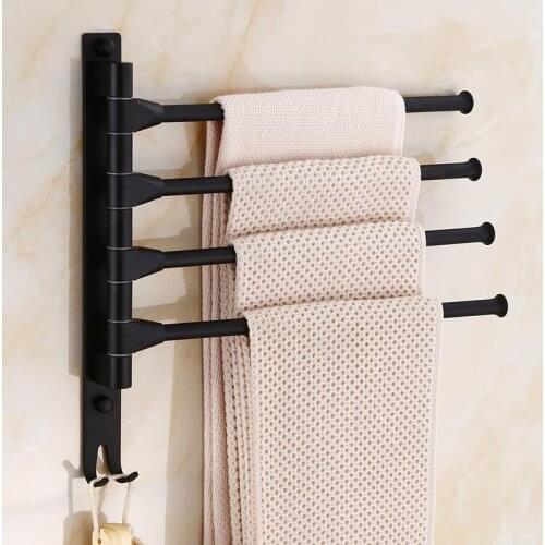 European black space aluminum bathroom towel rack rotating rod towel rack hotel towel rack 3 bar movable pole wall mounted
