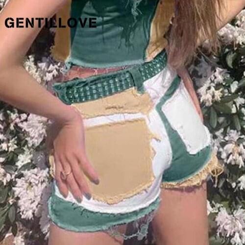 Gentillove Women High Waist Color Block Patchwork Denim Shorts Casual Vintage Ripped Oversized Jean Shorts 2021 Streetwear