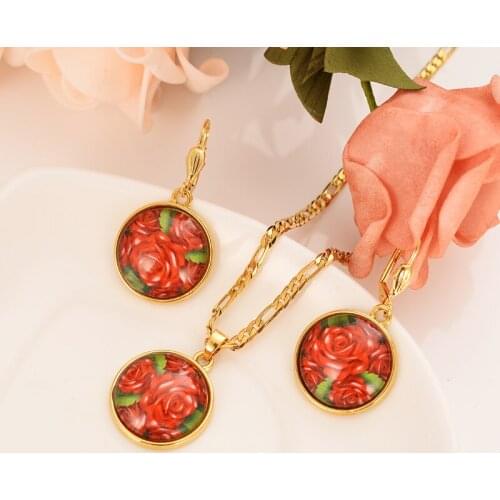 Gold crystal flower totem religious coin belief set woman/girl necklace earring set wedding bride jewelry holiday gift set