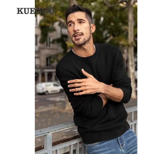 KUEGOU 2021 Autumn Cotton Plain Gray Black Solid Sweater Men Pullover Casual Jumper For Male Wear Brand Knitted Clothes 32006