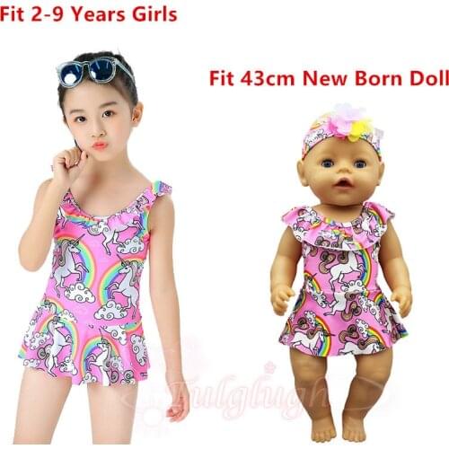 Doll and Girl Matching Rainbow Unicorn Pink One-Piece Swimsuit for Girls and 18" American Dolls Clothes