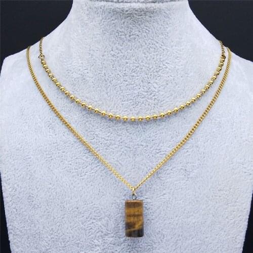 2PCS Tiger Eye Stainless Steel Bead Layered Necklace for Women Gold Color Pendant Necklace Jewelry collar cuentas NE107S04
