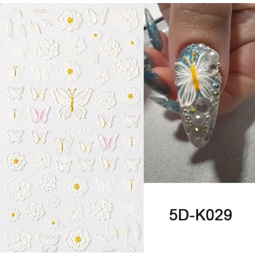 5D White Floral Butterfly Engraved Nail Stickers Embossed Daisy Lace Self Adhesive Sliders Decal DIY Manicures Decor Foils