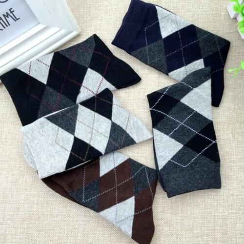 Rhombus Pattern Soft Cotton Business Men Socks Fashion High Quality Elastic Polyester Breathable Absorb Sweat Casual Sock