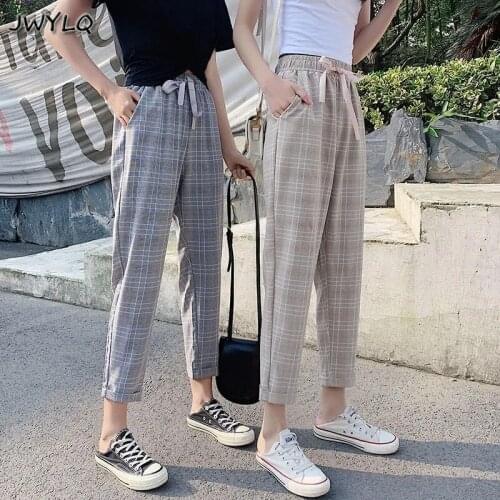 2021 New Summer Women Fashion Harem Pants Female High Waist Print Plaid Pant Plus Size Casual Ankle-length Loose Trousers