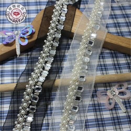 Sold By Yards 2cm Pearl Rhinestone Beaded Lace Trim Mesh Fabric Wedding Lace Garment Lace Z080