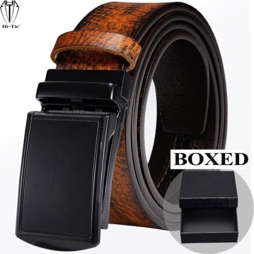 Luxury Boxed Brown Tan Genuine Leather Mens Belts High Quality Automatic Buckles Waistband Strap Ratchet for Dress Jeans Gift