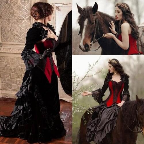 Vintage Black and Red Gothic Wedding Dresses with Jacket Long Juliet Sleeves Lace Ruffles lace-up Corset Back Sweep Train Weddin