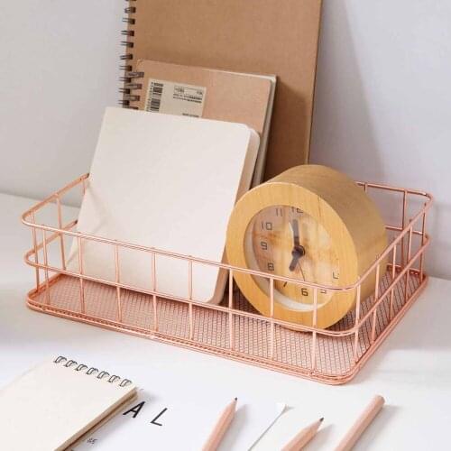 High Quality Wrought Iron Storage Basket Rose Gold Storage Box Desktop Debris Cosmetic Basket Modern Home Storage Racks