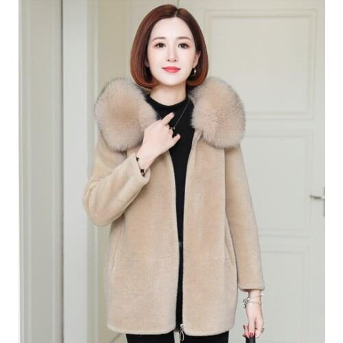 100% Genuine Wool Fur Coat Fox Fur Collar Hooded Female Jacket Fashion Warm Coats and Jackets Women 2020 Ropa Para Mujer Zjt1405