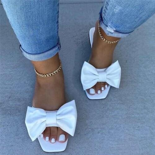 Hot INS Sale Women Slippers Bowknot Square Toe Female Sandals Shoes Fashion 2020 Summer Open Toe Ladies Flip Flops Slides