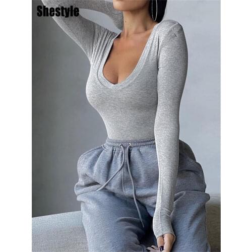 Shestyle V Neck 2021 Women Body Solid Bodycon Skinny Brown Plain Stylish Soft Low Cut Slim Homewear Basic Bodysuit Lady Elegant