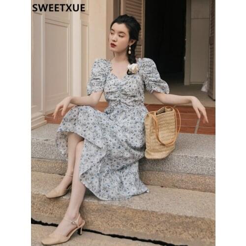 SWEETXUE 2021 Womens Summer Vintage Elegant Sexy V-neck Cotton Puff Sleeve Floral Bohemian Vacation Dress Lady Vestidos Mujer