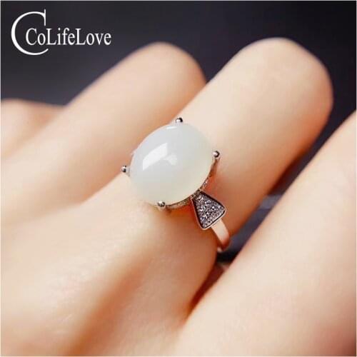CoLife Jewelry 925 Silver White Jade Ring for Office Woman 10mm*12mm Natural Jade Ring Fashion Gemstone Ring