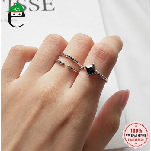 ElfoPlataSi Genuine 925 Sterling Silver Minimalist Black CZ Opening Ring For Women Fine Wedding Birthday Valentines Day DA1205