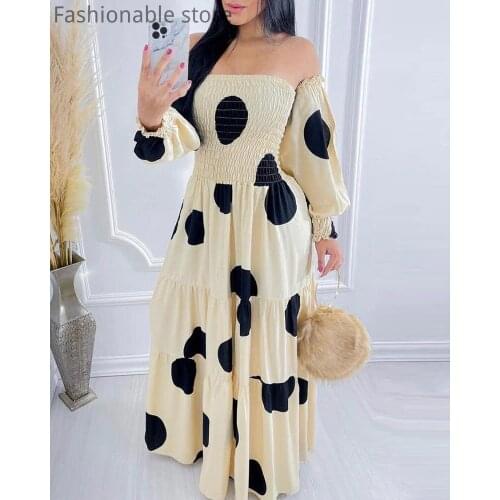 Women Off Shoulder Polkadot Backless Print Shirring Detail Fit and Flare Maxi Dress