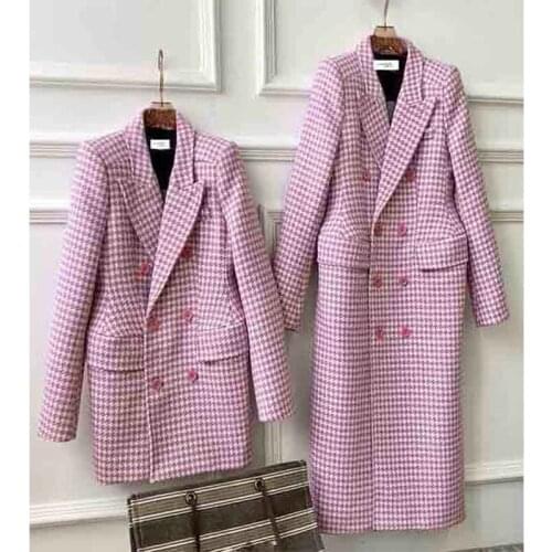 Winter 2021 Women Autumn Woolen Pink Plaid Coat Double Breasted Turn-Down Collar Shoulder Pads Waist Hugging Overcoat