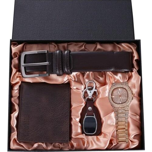 4pcs/set Mens Gift Set Watch Leather Belt Wallet Glasses Keychain Exquisite Suit Gift Set for Men Boyfriend Dad Drop Shipping