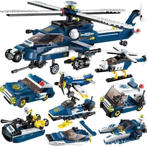 8Pcs/lot City Police Fighter Building Blocks Sets Storm Army SWAT Helicopter Model Bricks Educational Toys for Children