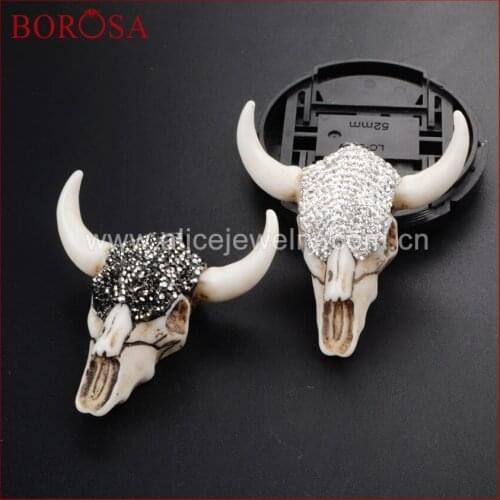 BOROSA Druzy Jewelry 10 pcs Longhorn resin horn cattle pendants bull cattle pendants Paved Black/White Zircon JAB339