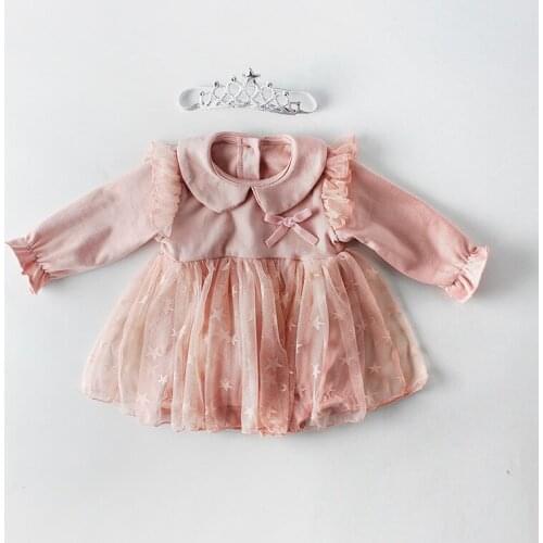 Newborn Baby Girls Cotton Long Sleeve Patchwork Star Mesh Princess Party Bodysuits Kids Christening Baptism Dress Vestidos