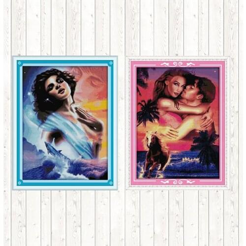 Hawaii Couples DMC Cotton Thread Printed Canvas Cross Stitch Embroidery Kit DIY Needlework Crafts 14CT 11CT Counted and Stamped