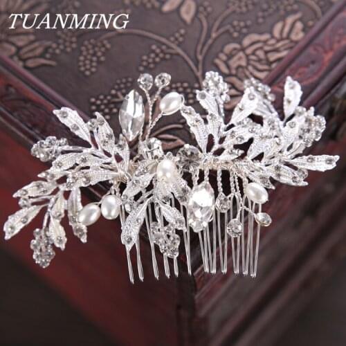 Pearl Rhinestone Silver Color Bride Hair Comb Wedding Hair Accessories Bride Headpieces Leaf Hair Combs Hair Ornament Combs