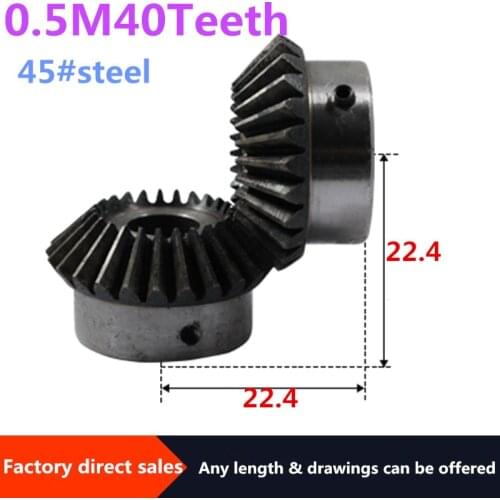 Bevel Gear 2pcs 0.5M 40Teeth inner hole 6 mm gear 45# steel 90 degrees meshing angle Steel Gears Screw Hole M5