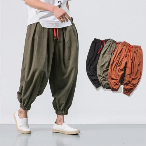 Linen Mens Trousers Nine Loose Wide Legs and Feet Plus Size Radish Pants Casual Harem Pants