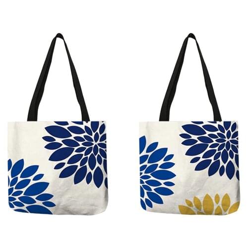 Dark Blue Floral Pattern Reusable Linen Cloth Sack for Women Fashion Flower Print Tote Bags Foldable Casual Handbag Sac A Main
