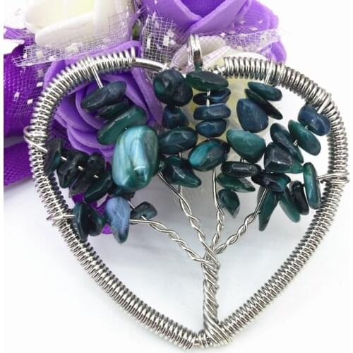 Fashion handmade 50mm plate wire winding tree life heart pendant green shell irregular gravel jewelry B3059