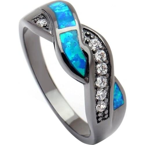 Fashion black plated opal jewelry New engagement finger rings for women Wedding Gift blue stone setting size 6-11 Distribution