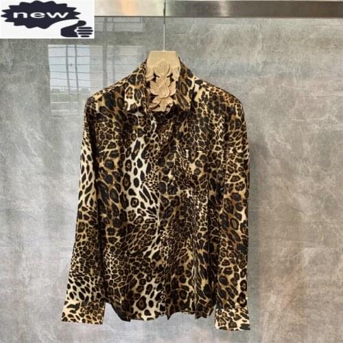 Mens Long Sleeve Leopard Printed Casual Shirt Harajuku Fashion Night Club Party Top Shirts Personality Yellow Grey Chemise Homme