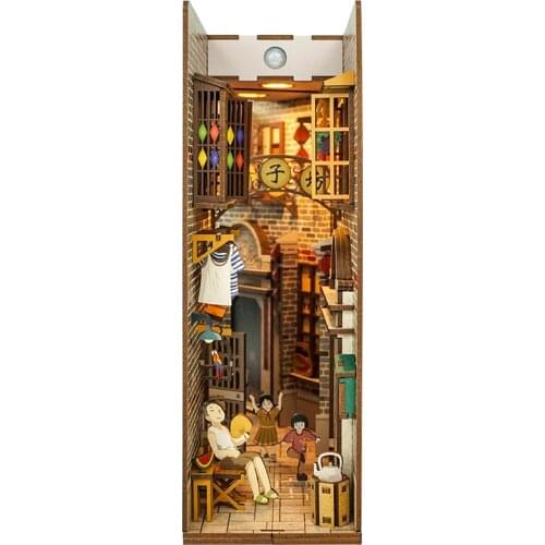 New DIY Book Nook City Street Model Building Bookend Book Shelf Insert Bookcase With Light Kit Crafts Decor Toy Children Gift