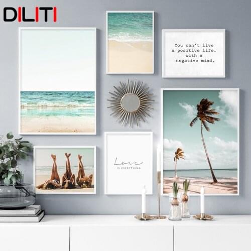 Positive Quote Posters and Prints Summer Vacation Seascape Wall Art Nordic Girl Canvas Painting Pictures for Living Room
